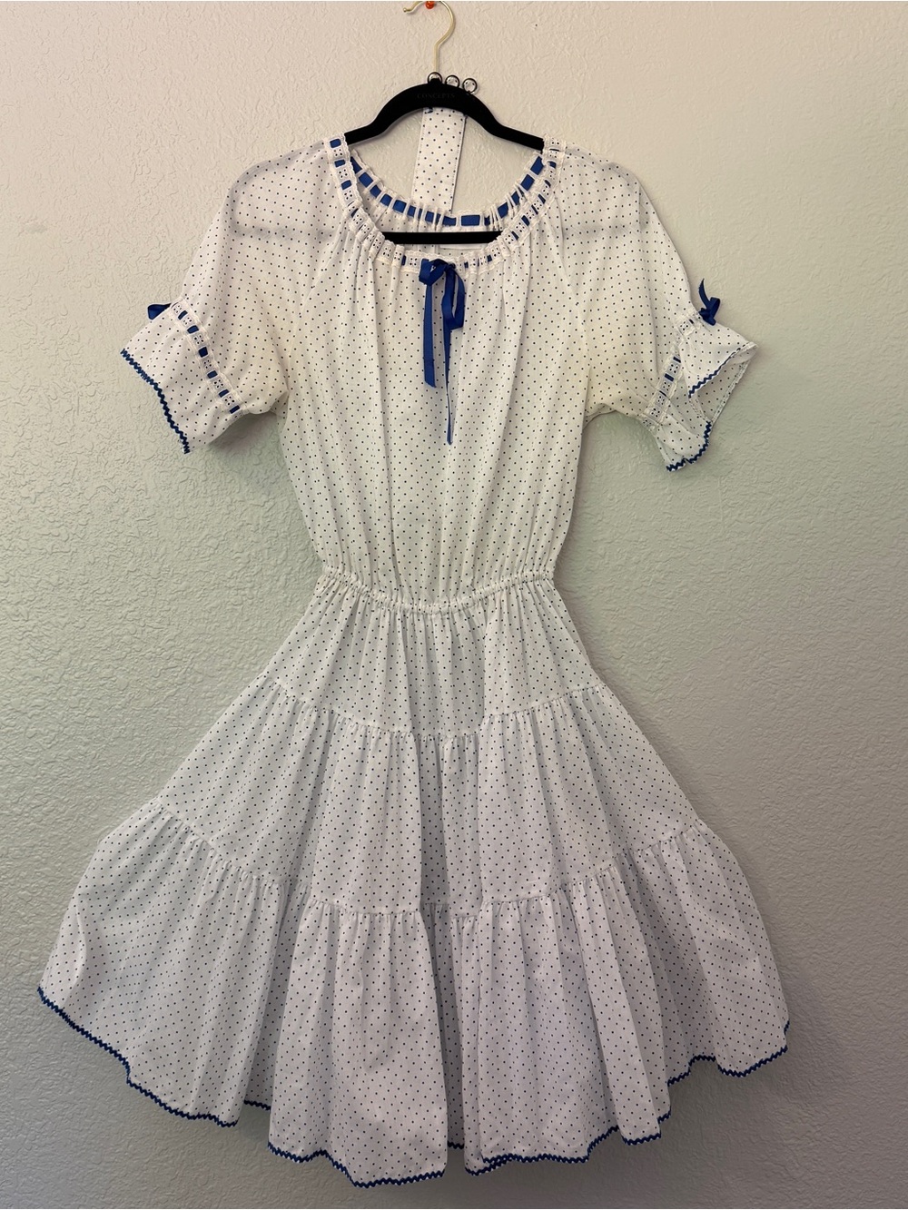 Vintage White Polka Dot Tiered Square Dance Dress with Blue Ribbon Trim